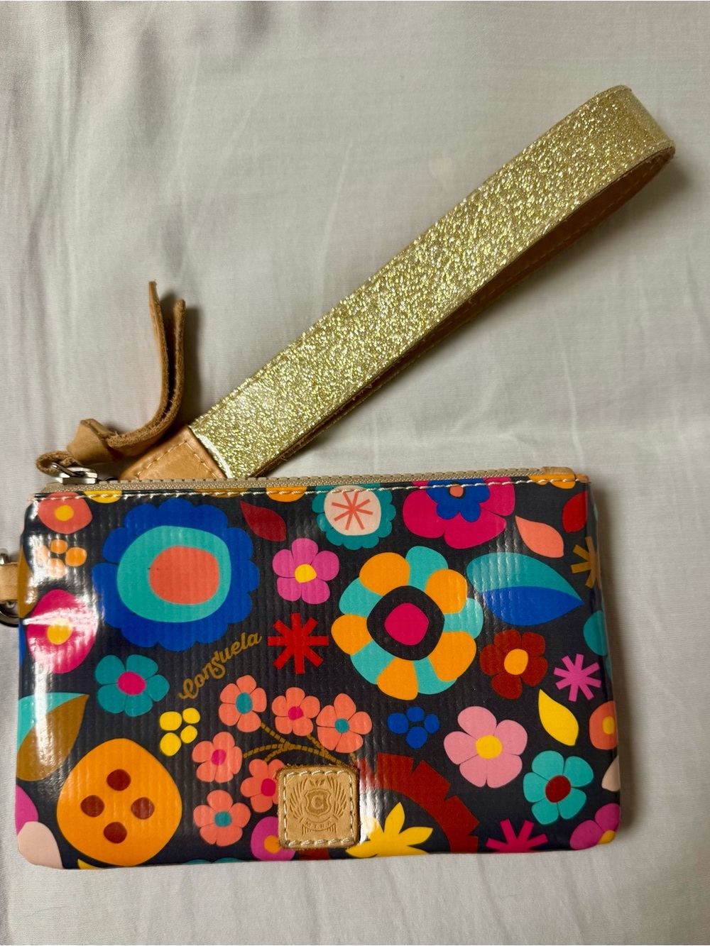 Consuela Black Multicolor Floral Wristlet with Gold Strap